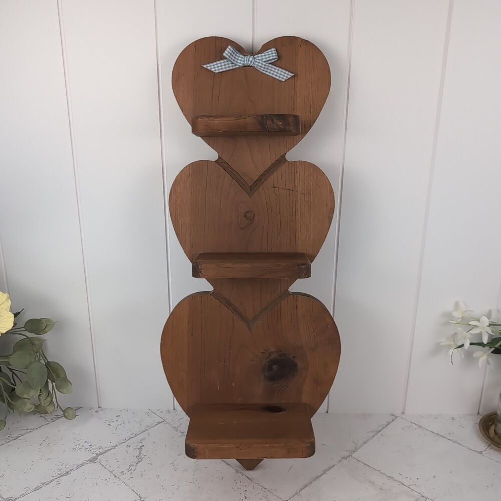 VTG Solid Wooden Heart 3 Tier Hanging Shelf  Bow Rustic Country Granny Decor